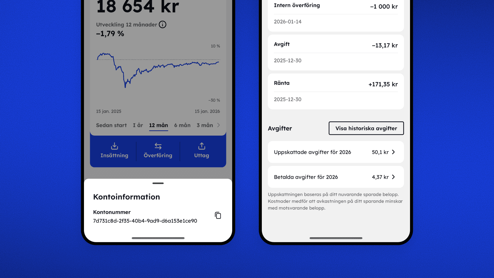 Visa kontonummer, ränta och avgift i appen