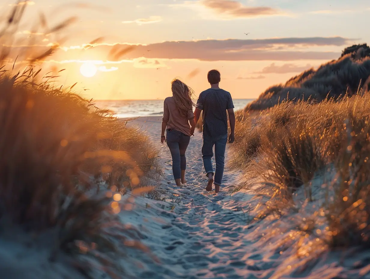 Ett par som går på stranden med solnedgången i bakgrunden